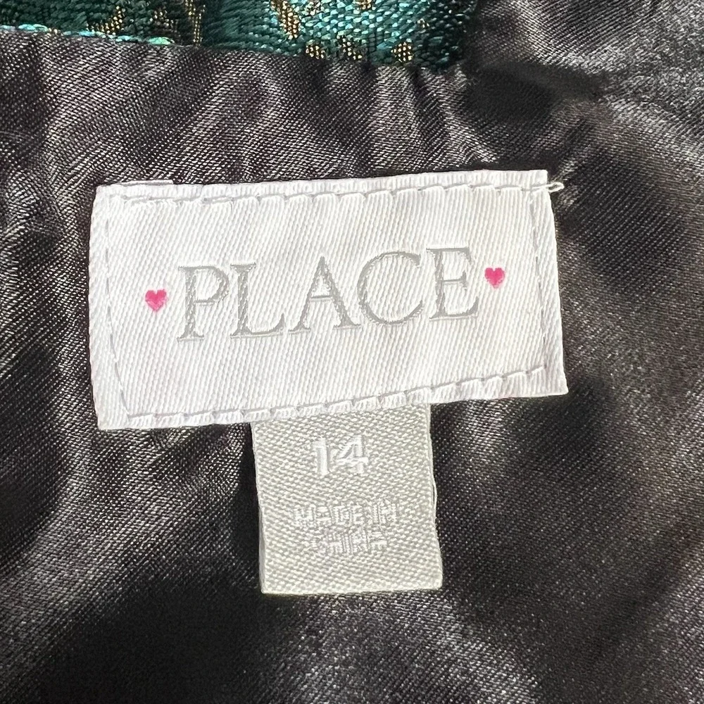 The Children's Place Girls Dress Size 14 Teal Green Gold Brocade‎ Party Holiday